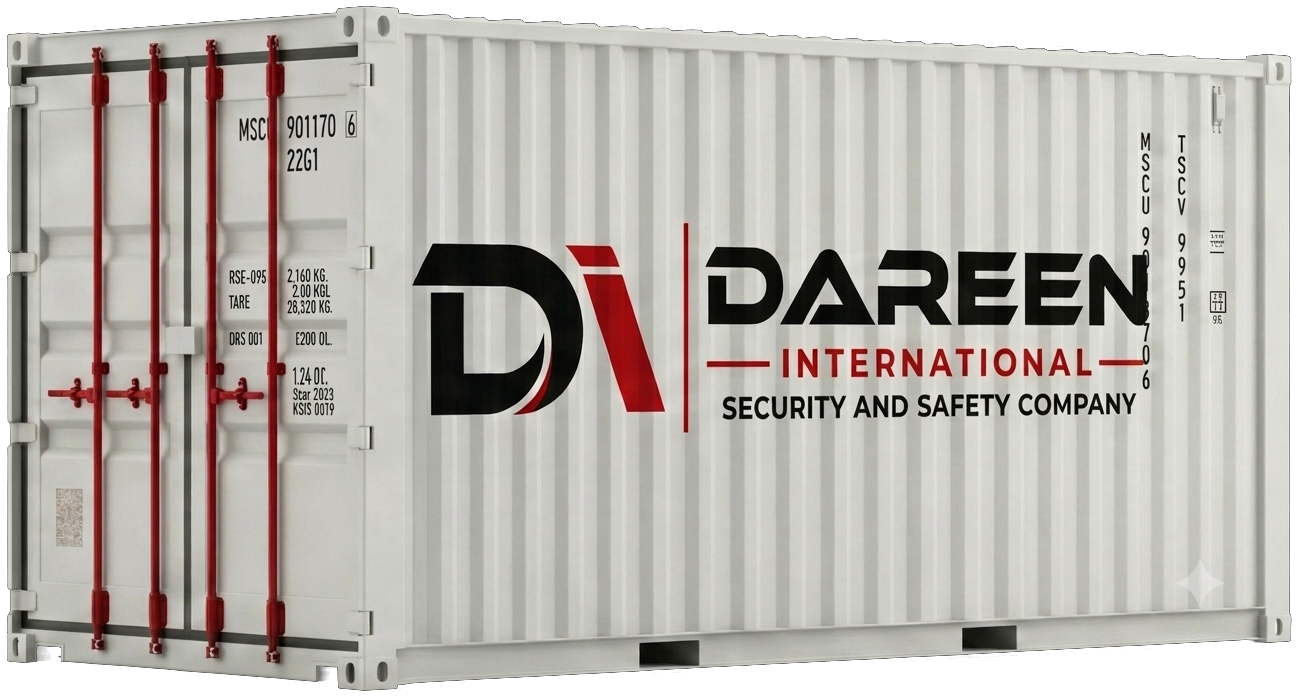 Dareen International branded shipping container — container-load safety stock delivered across Saudi Arabia and the GCC